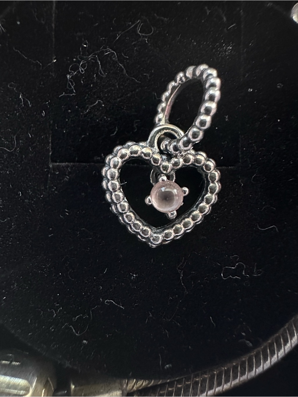 Pandora Silver Beaded Heart Charm with Pink Cabochon